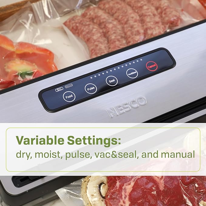Nesco Preserve Plus Vacuum Sealer | Dry & Moist Modes | Built-in Bag Cutter & Roll Storage | 11.8" Seal Width | Includes 2 Rolls