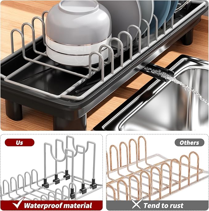 SanDream Small Dish Drying Rack with Removable Utensil Holder & Anti-Scratch Base - Stainless Steel Dish Rack, Dish Drying Rack with Drainage & Space Saving Design for Kitchen Counter, Black