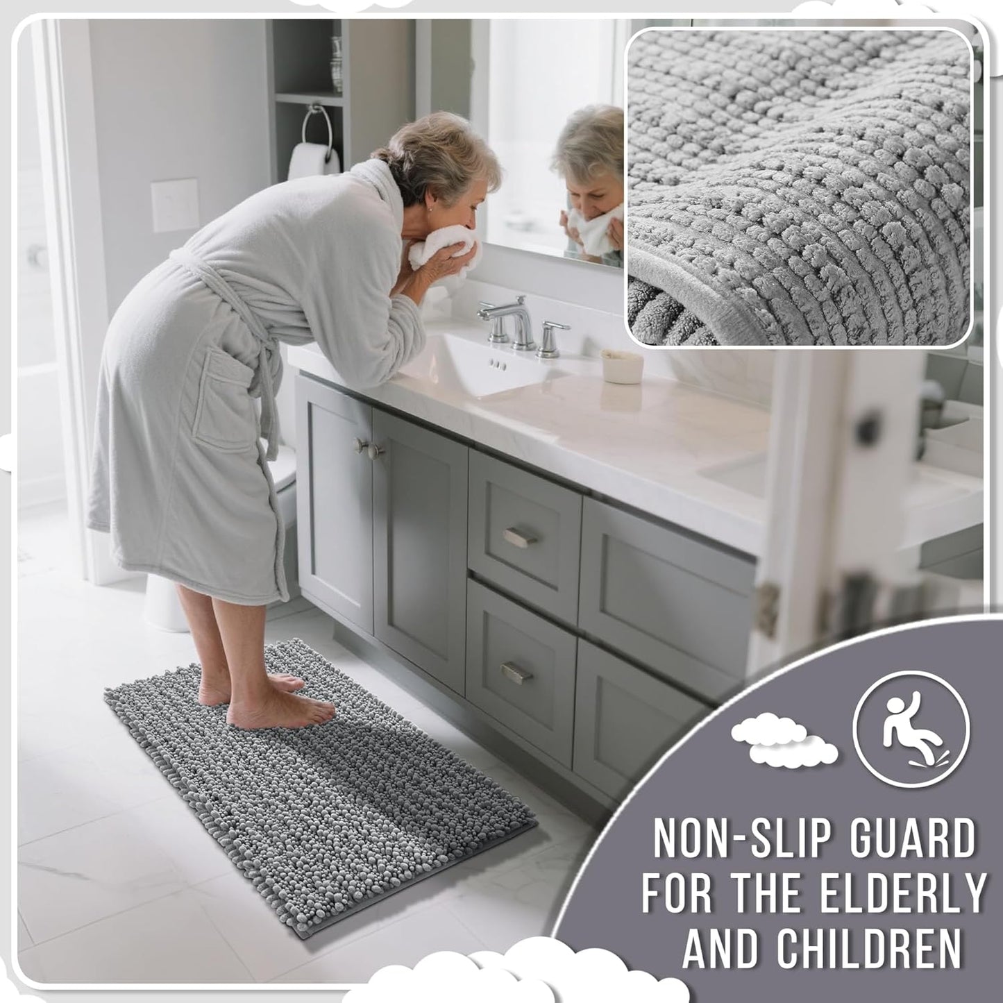 Yimobra Bathroom Rugs Non Slip Washable 24x17 Inch - Ultra Soft Absorbent Chenille Bath Mat, Quick Dry Shaggy Floor Carpet for Tub Shower, Gray Home Decor Accessories