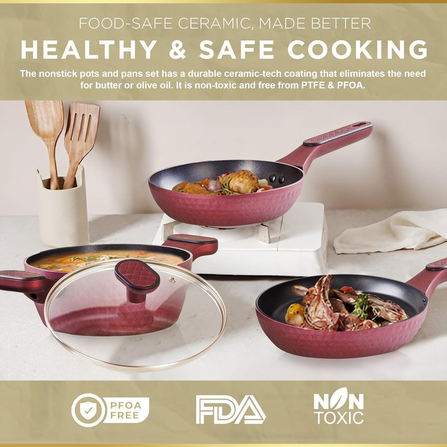 Moss & Stone 4 Piece Nonstick Cookware Set, Small Pots And Pans Set Non stick With Glass Lid, Induction Cookware, Stay Cool Handle, PTFE/PFOA, Kitchen Cookware 4-Piece with Frying Pans Set & Saucepan