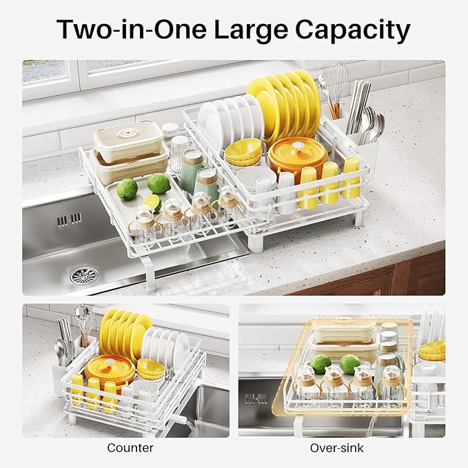SNTD Dish Drying Rack - Extendable Dish Rack, Large Sink Drying Dish Drainer for Kitchen Counter, Stainless Steel Dish Strainer with Utensil Holder (White)