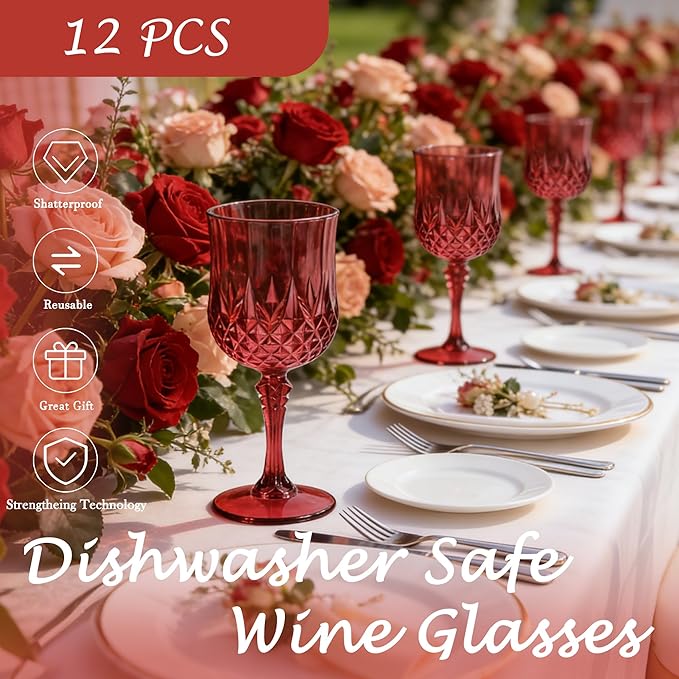 Plastic Wine Glasses, Plastic Goblets Vintage Style Cordial Unbreakable Drinking Glasses, Reusable Drinkware for Wedding Reception, Grand Event Party Supplies, Mother's Day (12, Burgundy)