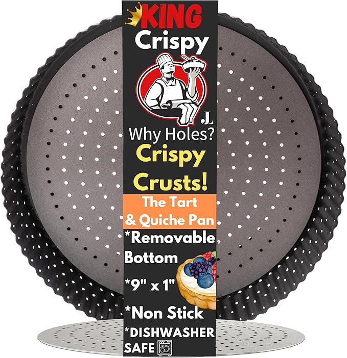 Why Holes: For The Crispiest Crusts. King Crispy's Tart & Quiche Pan. A Non-Stick, Removable Bottom, Dishwasher Safe, Perforated Fruit Tart Baking Tin (9 Inch X 1.25 Inch Shallow)