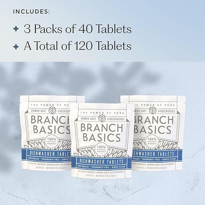Branch Basics Dishwasher Tablets – 120 Ct | Plastic-Free, Fragrance-Free, Human-Safe | Delivers a Powerful Clean Without Harsh Chemicals (40 Count (Pack of 3))