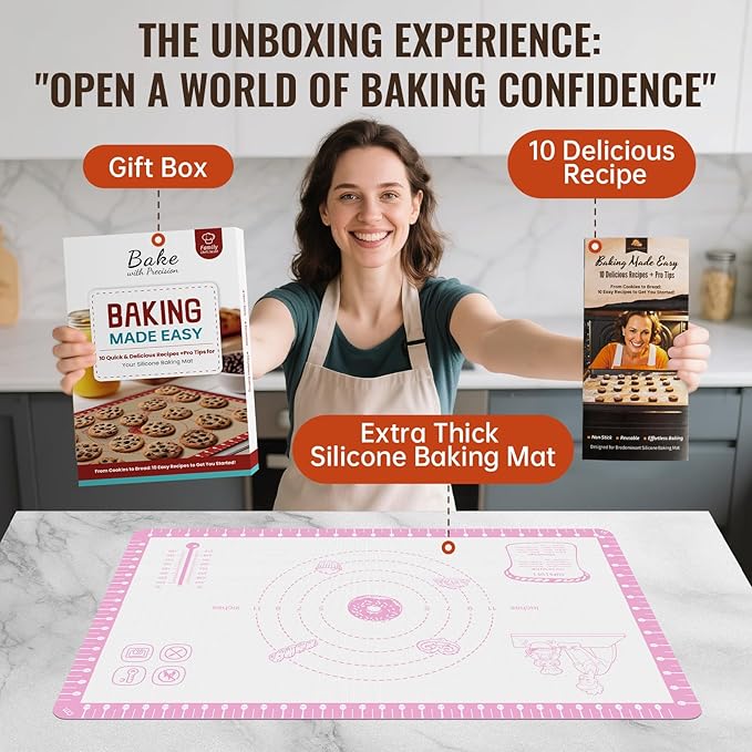Silicone Baking Mat with 10 Recipes, Non Stick Silicone Mat for Pastry, Cookie, Macaron, Pizza,Bread, Surdough,Fondant, Extra Large and Dishwasher Safe