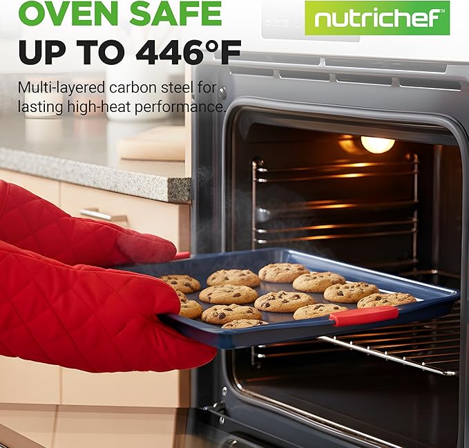 NutriChef 3-Piece Nonstick Cookie Sheets for Baking - Premium Carbon Steel Baking Trays w/ Non-Stick Smooth Coating & Silicone Handles - Large, Medium, & Small Bakeware - Blue