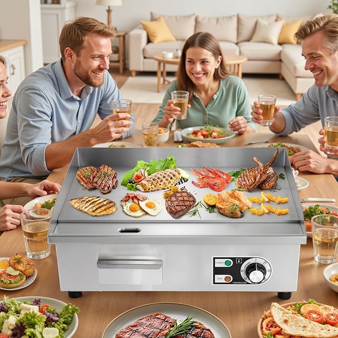 Dyna-Living Commercial Electric Griddle 22'' Flat Top Grill Countertop 3000W Stainless Steel Electric Griddle Nonstick Commercial Flat Top Griddle Countertop Grills, 122°F-572°F Temp Adjustable