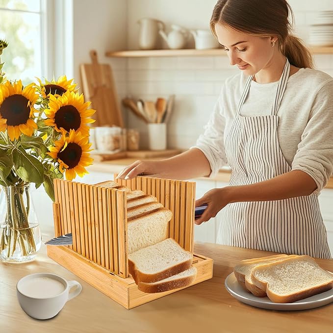 Bread Slicer for Homemade Bread, Bamboo Bread Slicing Guide Adjustable Width, Foldable and Compact Cutting Guide with Crumb Tray for Cakes, Bagels, Loaves, Kitchen Gadgets & Gifts (Knife Not Included)