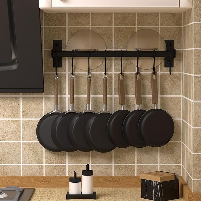 Dseap Kitchen Utensil Holder Hanger, Pot and Pan Rack Wall Mounted, Kitchen Rail with 8 Hooks for Hanging Cooking Utensils, Mugs, Spoons, Wall Mounted, Black, Pack of 2