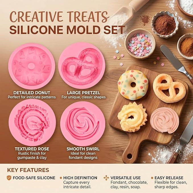 Donut Fondant Molds 4Pcs Silicone Cookie Molds for Baking Cake Decorating Candy Chocolate Flower Paste Sugar Craft Marzipan Jelly Mousse Clay Projects Resin Gypsum