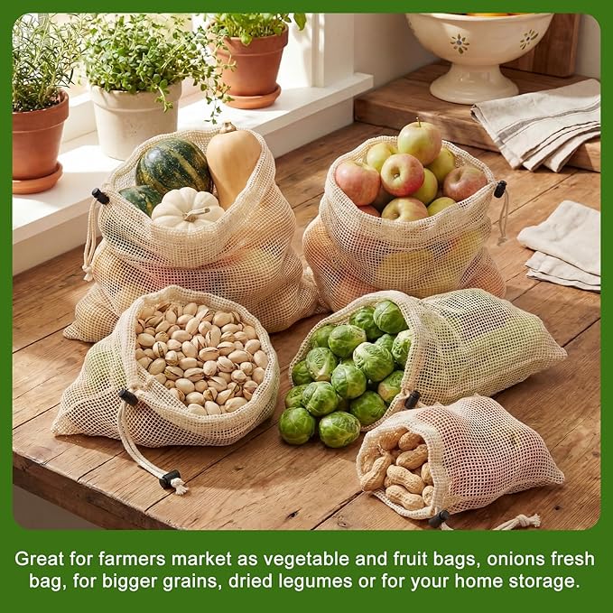 10 Pcs 15 x 12 in Reusable Produce Bags Grocery Washable, Cotton Mesh Produce Bags Plastic Free, Drawstring Closure, Double-stitched Organic Cotton Mesh Grocery Bag for Vegetables Fruit Onions