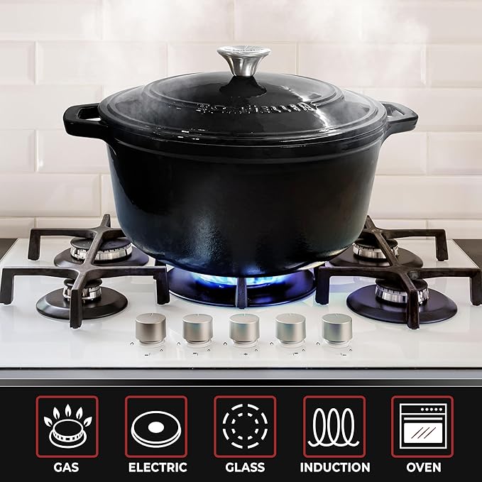 MUELLER HOME 6 Quart Enameled Cast Iron Pot Dutch Oven, Heavy-Duty Oven-Safe up to 500° F, & Across All Cooktops, Casserole Dishes for Ovens, Bread Pan with Lid and Knob, Cast Iron Cookware, Black
