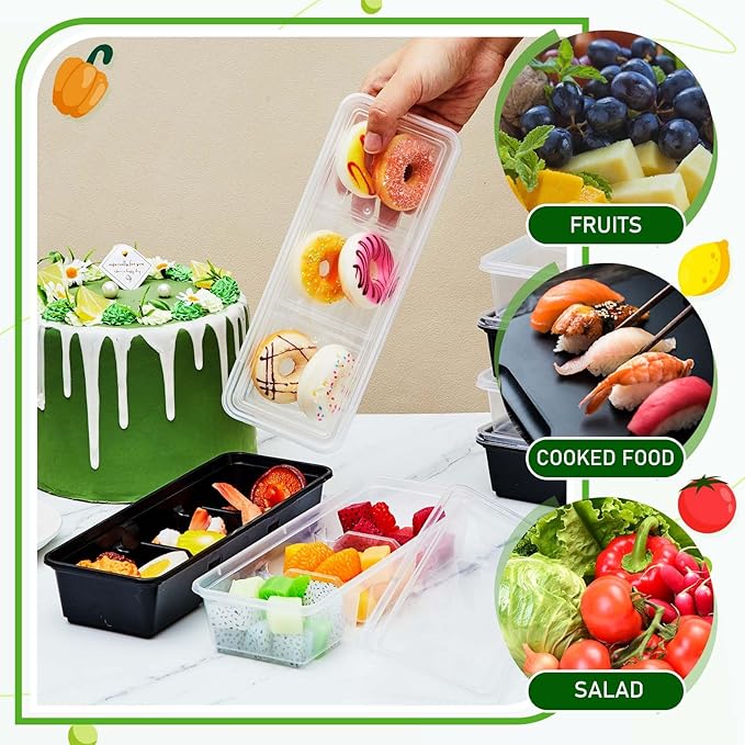 Hushee 50 Pack 17 oz Small Meal Prep Containers with 3 Compartments Snack Containers with Lid Disposable Plastic Bento Box Travel Lunch Food Boxes Stackable for Office Picnic (Black,Clear)