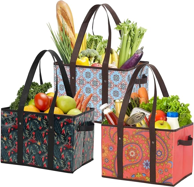 Foraineam Reusable Grocery Bags Set Durable Heavy Duty Tote Bag Collapsible Grocery Shopping Box Bag with Reinforced Bottom