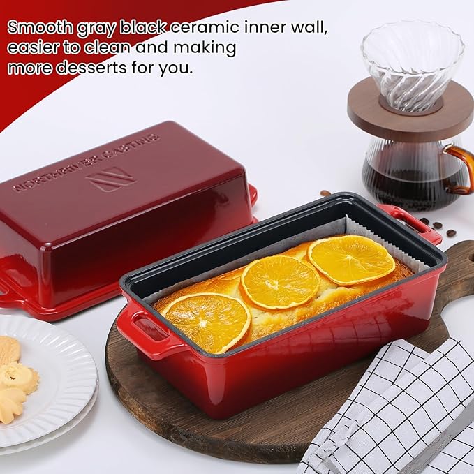 Northriver Casting 9x5 Inch Enameled Cast Iron Loaf Pan with Lid, Perfect Bread Baking Pan | Even Heat Distribution for Homemade Bread, Cake, Meatloaf，2 Piece set，Red