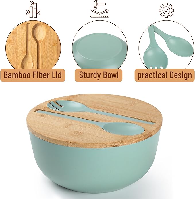 BAMBOO LAND- Large Salad Bowl with Wooden Lid, 10 Inch/108 Oz, Mint Green, Bamboo Fiber Salad Bowl with Serving Utensils, Wide Applications