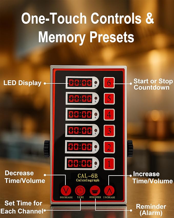 Commercial 6 Channel Kitchen Timer, Digital Stainless Steel Restaurant Timer with Loud Alarm, Multi-Event Reminder for Fryer, Baking