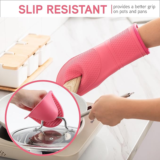COOK WITH COLOR Silicone Oven Mitts- Heat Resistant Gloves with Soft Quilted Lining Oven Mitt Pot Holders for Cooking and BBQ, Pink, Mitt Set