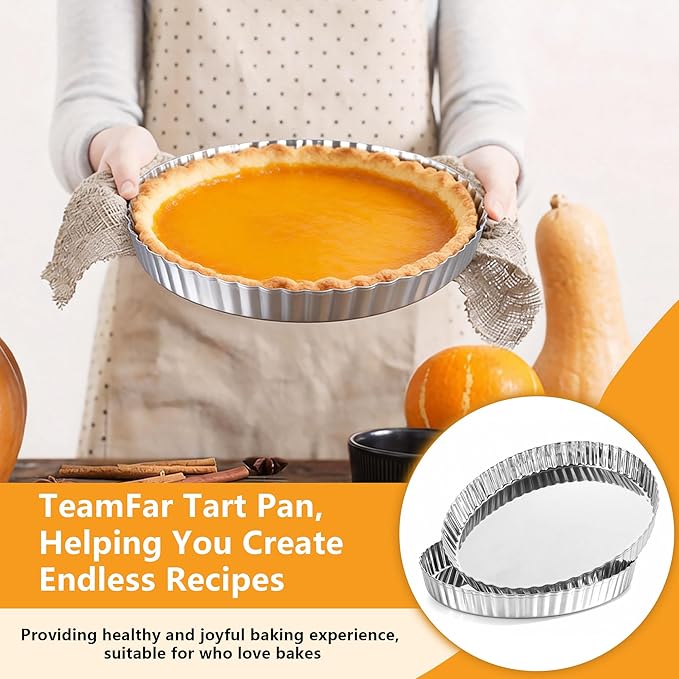 TeamFar 2 Pack Tart Pans, 9.5 Inch Stainless Steel Round Tart Pie Pan, Metal Quiche Baking Dish with Fluted Side for Baking Fruit Tarts, Quiches, Pies, Mousse Cakes, Heavy Duty & Dishwasher Safe