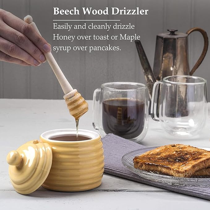 WM Bartleet & Sons 1750 Traditional Porcelain Honey Pot with Beech Wood Dipper 11cm – Yellow