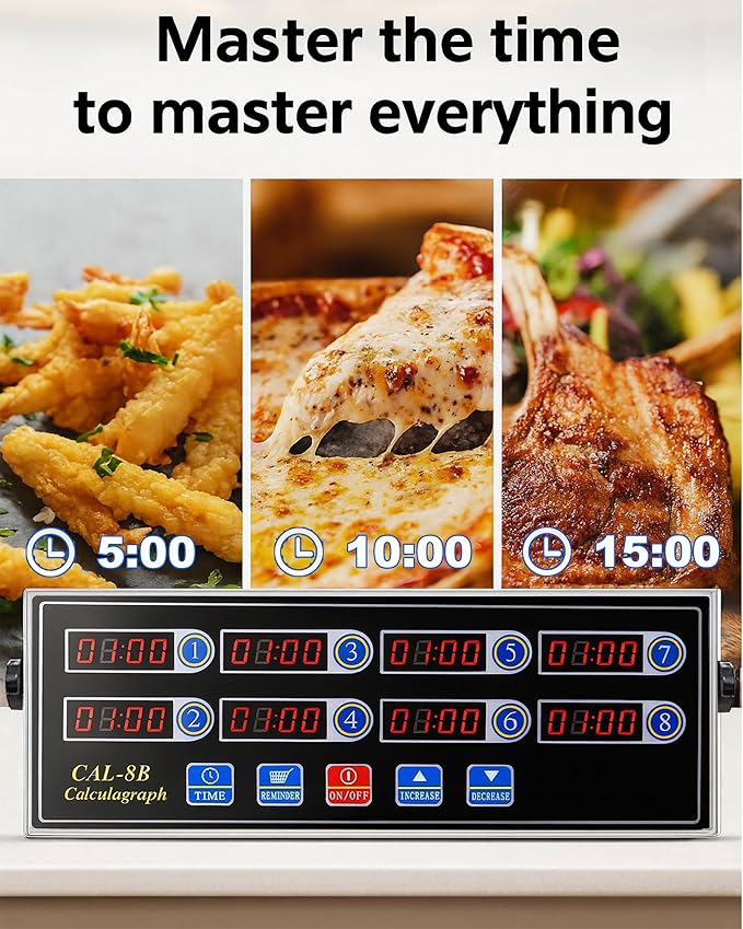 Commercial 8 Channels Digital Kitchen Timer, Stainless Steel Calculagraph Timer with Loud Alarm for Restaurant, Clock Reminder on Multiple Events