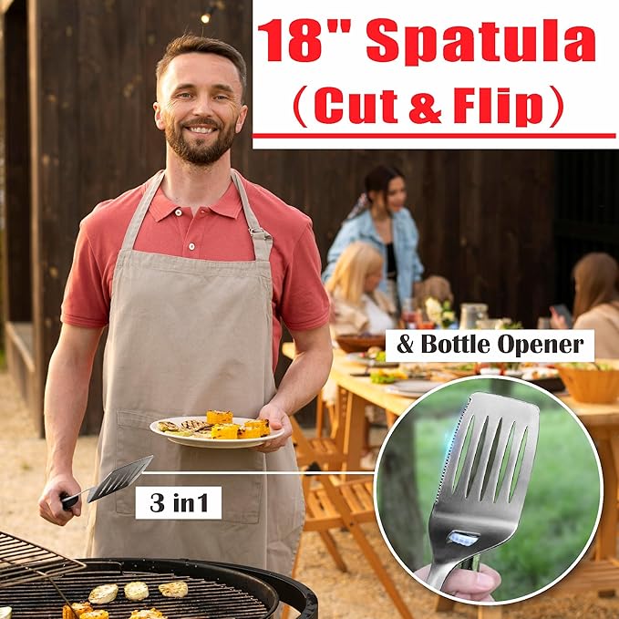 GRILLART BBQ Tools Grill Tools Set -18Inch Grilling Tools BBQ Set - Grill Accessories w/BBQ Tongs, Spatula, Fork, Brush- Stainless Grill Kit Grilling Set - Gift Ideas BBQ Accessories Gifts for Men Dad