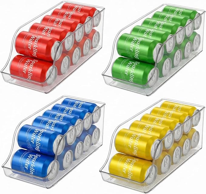 4 Pack Soda Can Organizer, Drink Organizer for Fridge, Clear Kitchen Pop Can Storage Organizer Soda Dispenser for Refrigerator Pantry