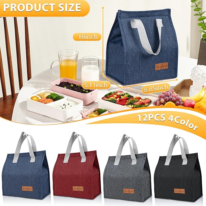 VZZNN 24 Pack Lunch Bags Bulk,Insulated Reusable Lunch Bags with Aluminum for Women Men,Leakproof Tote Large Lunch Box for Office,Work,Beach or Travel,Black