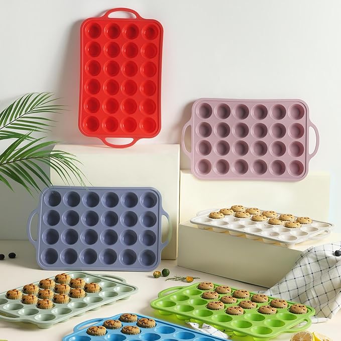Socisen 24 Cups Silicone Muffin Pan with Metal Reinforced Frame Mini Size Cupcake Pan Tray Egg Bites Silicone Circle Cookie Molds Muffin Tin Tart Pans Non Stick Toxic Oven Safe Baking Sheet Set