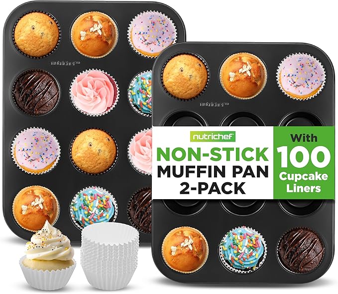 NutriChef Muffin Pans for Baking 2-Pack | Nonstick 12 Mold Cupcake Tins | Carbon Steel Stackable Cup Cake Trays | Dishwasher & Oven Safe | Includes 100 Parchment Paper Liners | 13 x 10 x 1 | Black