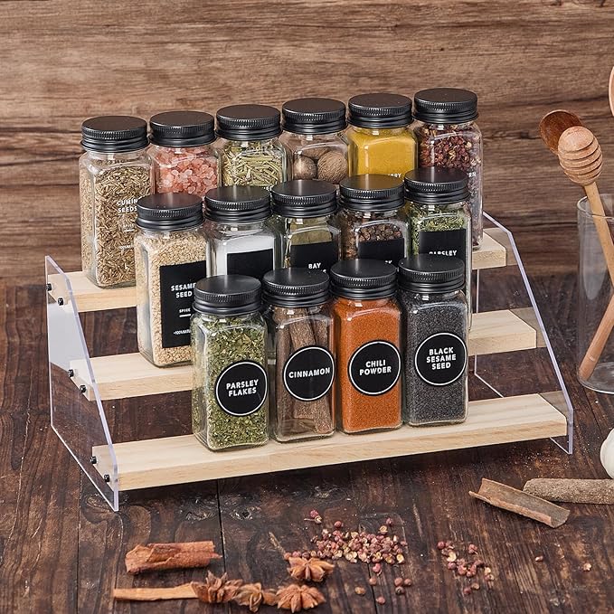 36 Glass Spice Jars with 576 Labels-Spice Jars with Black Metal Caps, 4oz Empty Square Spice Containers with Shaker Lids, Funnel, Pen, Seasoning Bottles for Spice Rack, Drawer, Cabinet