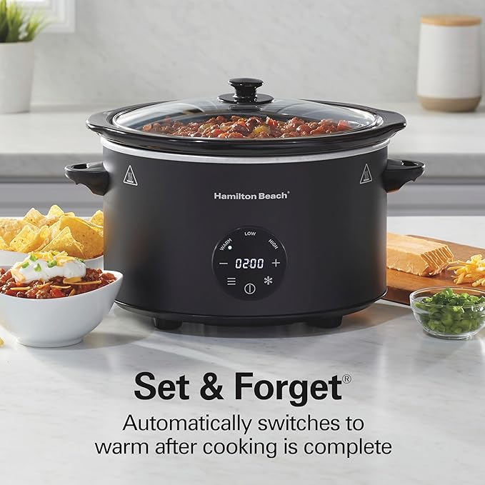 Hamilton Beach 6 Quart Set & Forget Programmable Slow Cooker with Defrost Function, Flexible Programming, Adjustable Countdown Timer, Large Dishwasher Safe Stoneware Crock and Glass Lid, Black (33765)