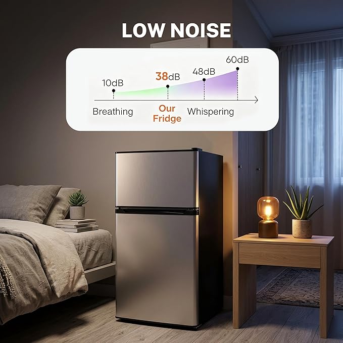 3.2 Cu.Ft Mini Fridge with Freezer, 2 Door Small Refrigerator with Adjustable Thermostat Energy-efficient Low Noise, Compact Fridge for Bedroom, Office, Dorm, Silver