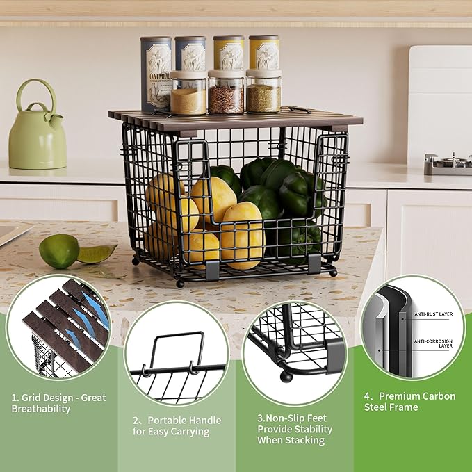 Wire Storage Basket For Kitchen Pantry and Counter - Stackable Wire Organizing Bin For Produce, Vegetable - Countertop Potato, Onion, Veggie Basket Brown
