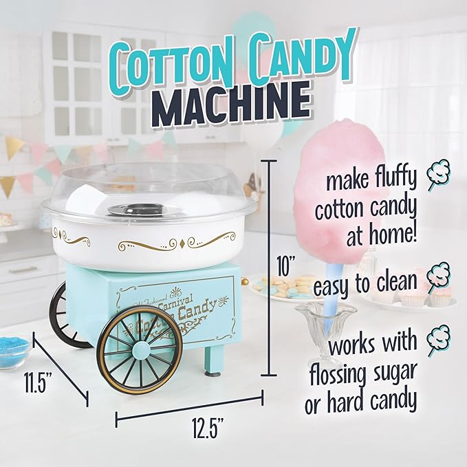 Nostalgia Vintage Hard and Sugar Free Candy Countertop Cotton Candy Maker, Includes 2 Reusable Cones And Sugar Scoop – Aqua