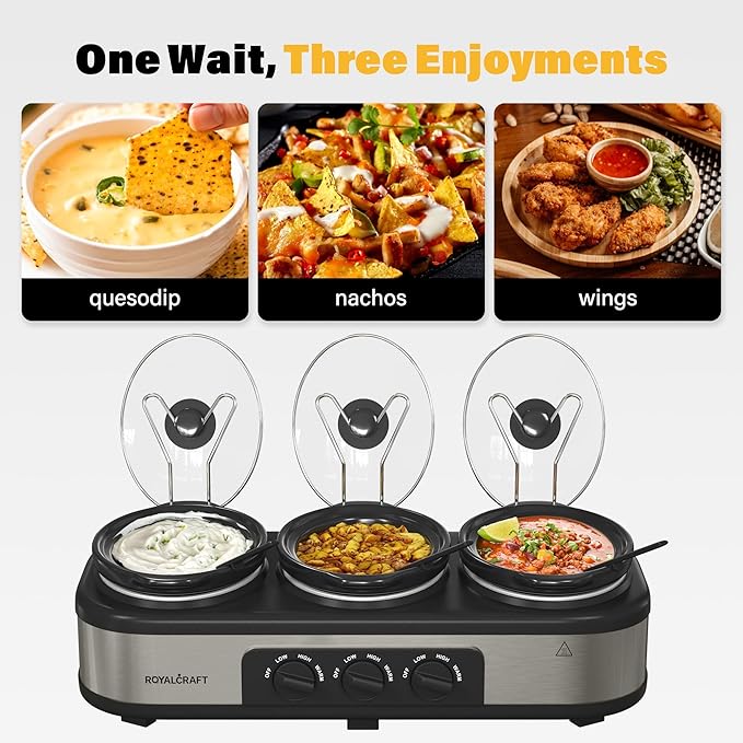 Triple Slow Cooker Buffet Server with 10 Cooking Liners, Adjustable Temperature Settings, Dishwasher Safe, for Parties, Holidays and Entertaining, 3 * 1.5 Quarts Silver