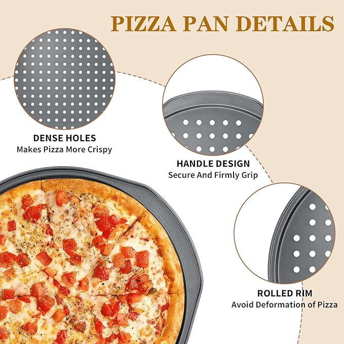 Bestdin 5Pcs Pizza Pan Set - 12 inch Pizza Pan with Holes, Non-stick, Pizza Oven Accessories with 2 Carbon Steel Round Pans, Pizza Cutter and 2 Gloves, Dishwasher Safe