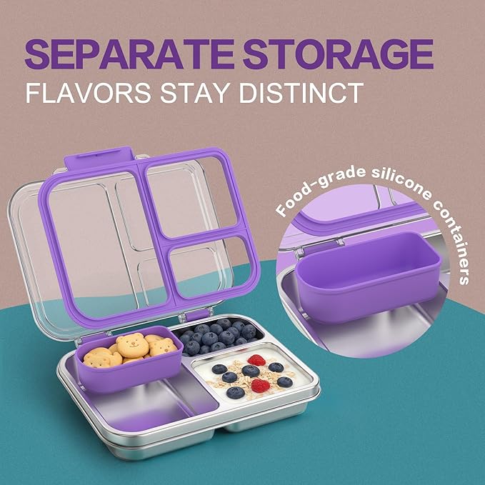 Stainless Steel Bento Box for Kids, 3-Compartment Metal Lunch Box with Clear Lid & Removable Silicone, Lunch Box Kids with Silicone Inner Container for Meal Prep, School, Office (Purple)