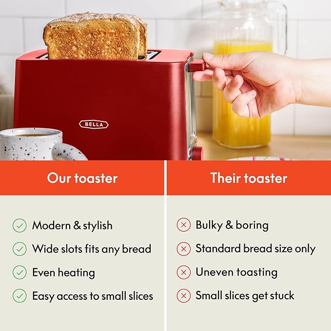 BELLA 2 Slice Toaster with Auto Shut Off - Extra Wide Slots & Removable Crumb Tray and Cancel, Defrost & Reheat Function - Toast Bread, Bagel & Waffle, Red
