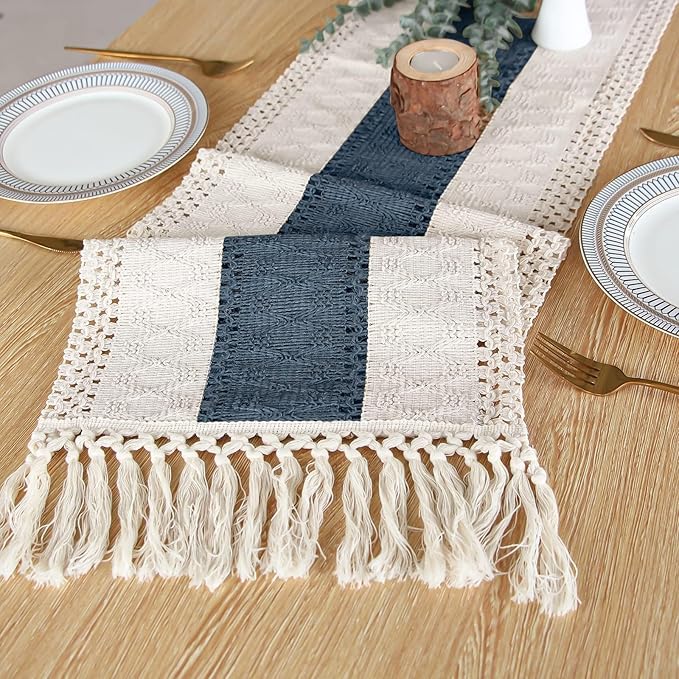 FEXIA Boho Table Runner 108 Inches Long for Home Decor Farmhouse Table Runner Cream & Blue Rustic Macrame with Tassels for Bohemian Dining Bedroom Decor Bridal Shower (12x108 Inches)