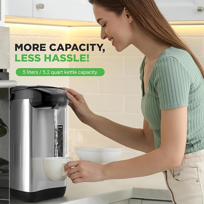 NutriChef 5.2 Qt Electric Water Kettle, Portable, Quick Heating, 5 Liter Digital Kettle with 5 Temperature Settings, Safety Lock, Stainless Steel, 3 Dispensing Options, 8.46" x 11.2" x 16.5"