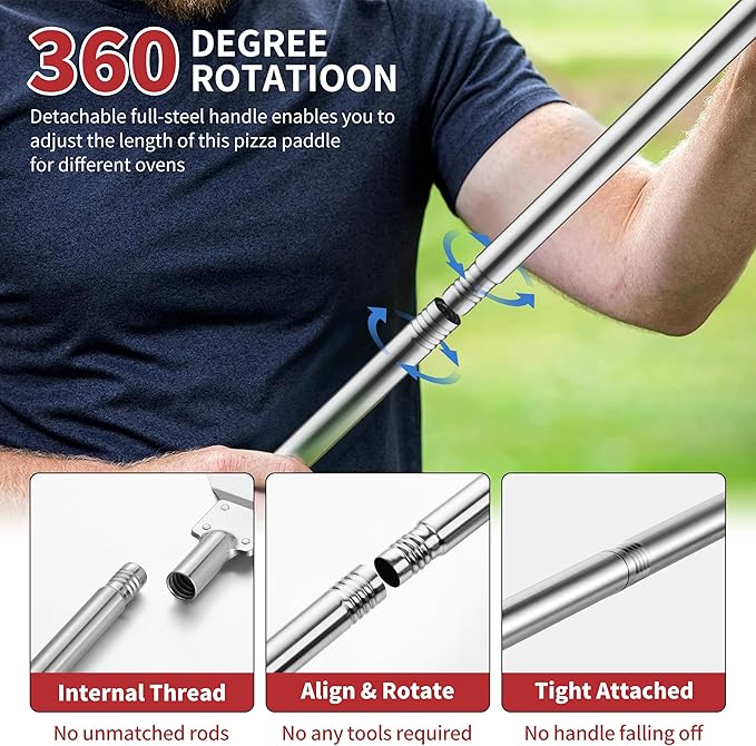 Stainless Steel Pizza Turning Peel 7-Inch, HaSteeL Round Pizza Turner Paddle, Perfortaed Pizza Spinner Spatula with Long Detachable Handle, Dishwasher & Oven Safe