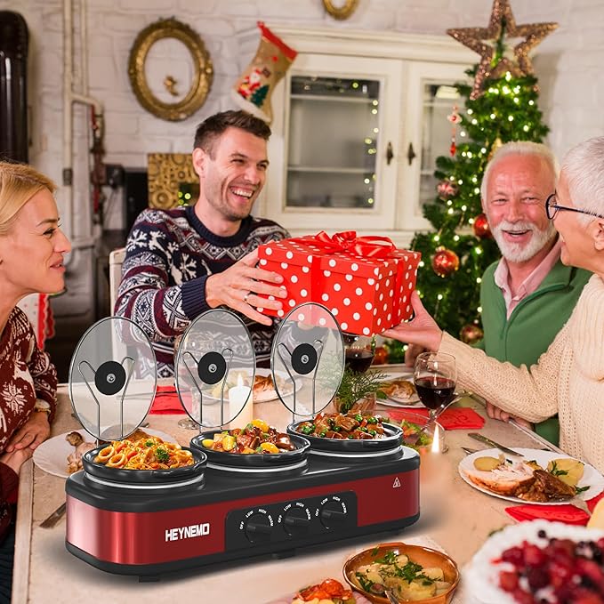 Triple Slow Cooker, 3 x 1.5 QT Portable Small Dual Crock Cooker, Buffet Servers and Warmers Dishwasher Safe, Removable Ceramic Pot Glass Lid, Stainless Steel, Red