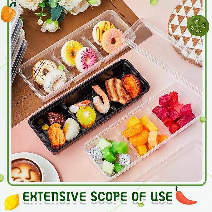 Hushee 50 Pack 17 oz Small Meal Prep Containers with 3 Compartments Snack Containers with Lid Disposable Plastic Bento Box Travel Lunch Food Boxes Stackable for Office Picnic (Black,Clear)