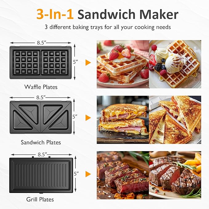 Sunvivi 3 in 1 Sandwich Maker, Electric Waffle Maker with Removable Non-stick Plates, 800W Panini Press Grill with Glass Top, Cool Touch Handle & Easy to Clean, Black