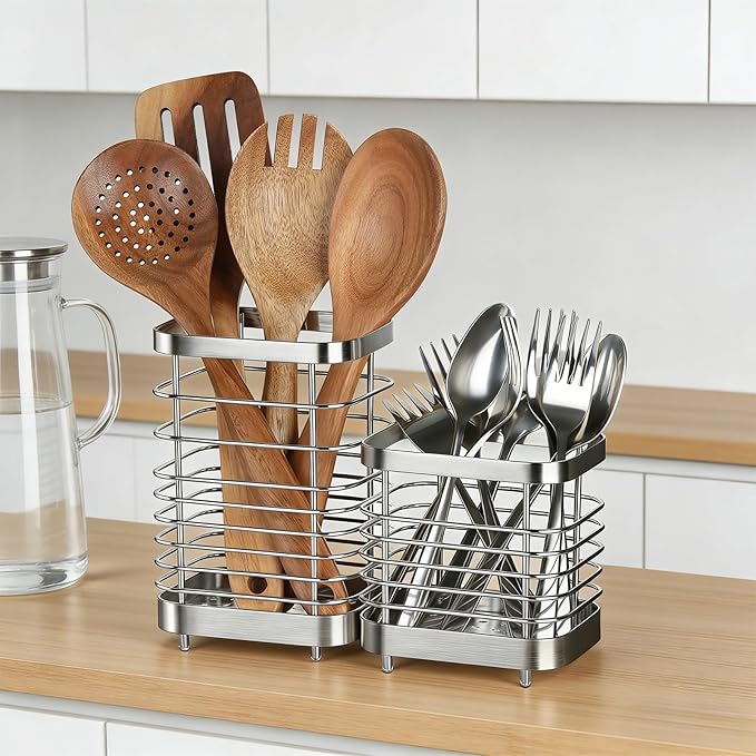 Utensil Holder, Stainless Steel Utensil Drying Rack for Kitchen Counter, Silverware Cutlery Flatware Holder Forks, Knives, Spoons, Chopsticks Organizer (Silver)