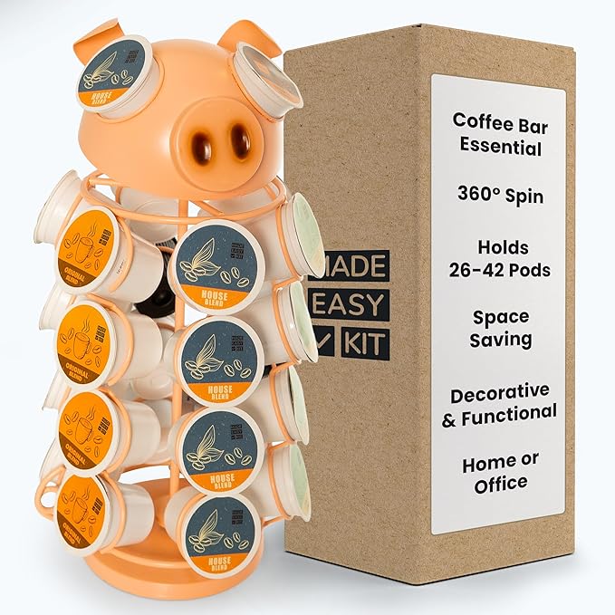 Made Easy Kit Carousel Coffee Pod Holder - Compatible with Keurig K-Pods K-Cups - Countertop 360 Spin Rack Storage Organizer - Revolving Base - Capsule Café Station Bar (Pig Pink, Small)
