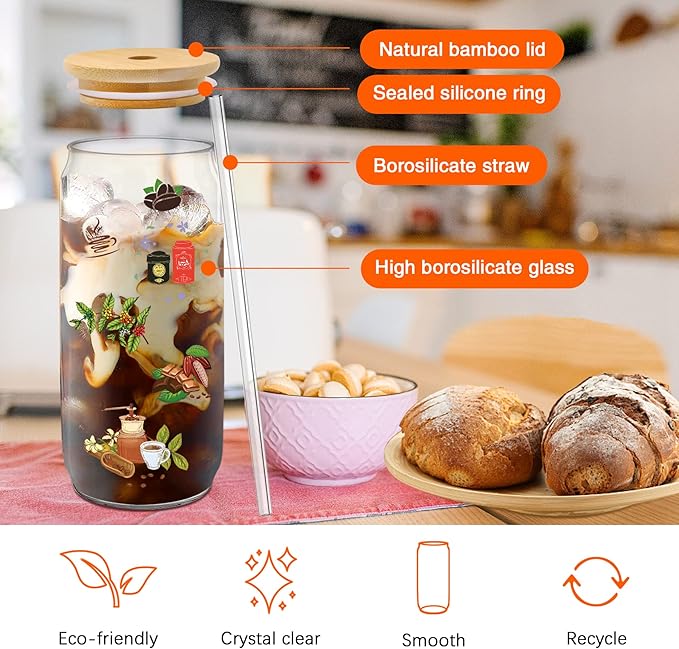PeacePeo Glass Cups with Lids and Straws 20 Pcs 16 oz Ice Coffee Cup Skinny and Long Can Beer Cups Set Drinking Glasses with Bamboo Lids Reusable Glass Cups Ideal for Smoothies & Beverages