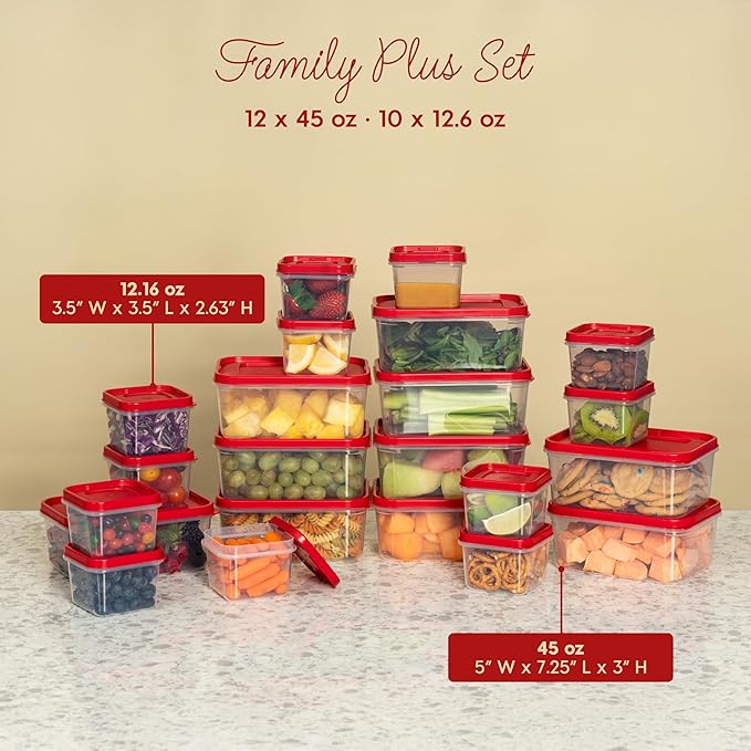 IRIS USA 44 PC Plastic Food Storage Containers With Lids | 22 Meal Prep Containers & 22 Lids| Leftovers Office Lunch Snack Fruit, Microwave Dishwasher Freezer Safe, BPA Free, Clear/Red