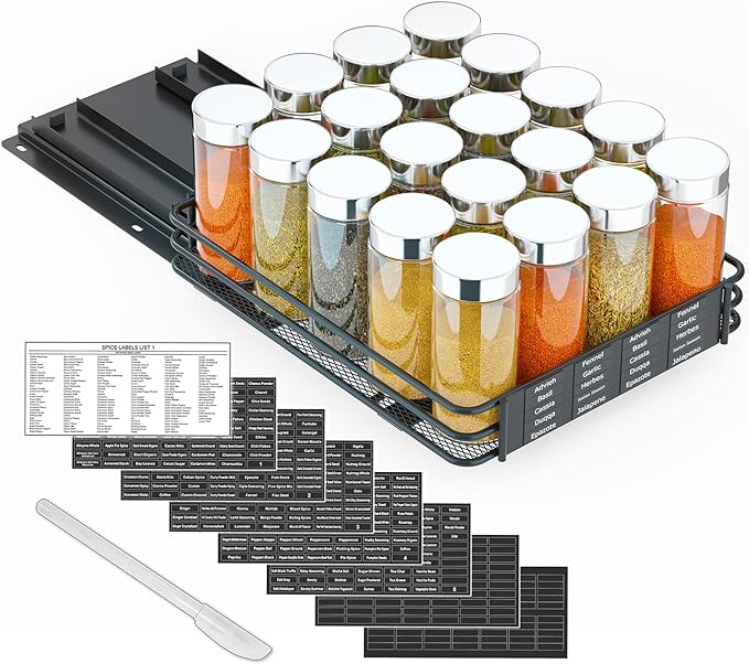 SpaceAid Pull Out Spice Rack Organizer for Cabinet, Heavy Duty Slide Out Seasoning Kitchen Organizer, Cabinet Organizer, with Labels and Chalk Marker, 8.5" W x10.75 D x2.5 H, 1 Drawer 1-Tier